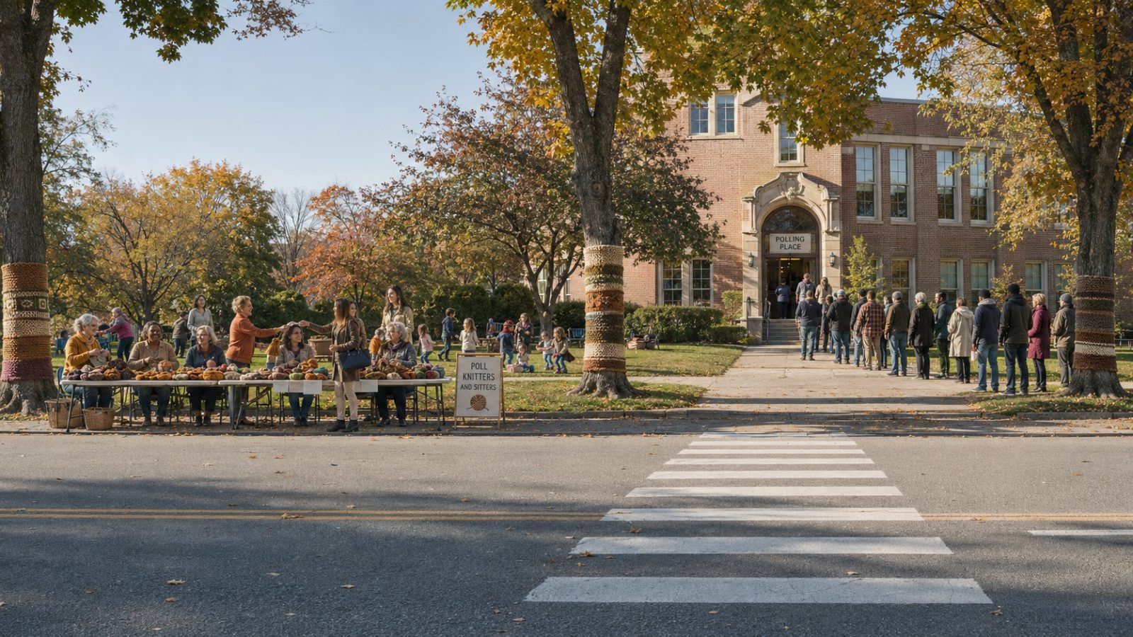 A row of knitters at folding tables across the street from a polling place on an autumn morning, with a queue of voters at the door and yarn wrapped around the street trees.